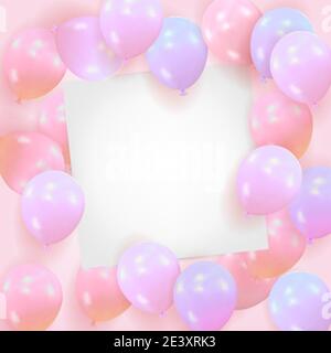 Rosa Hintergrund von Kugeln mit einem leeren Blatt Papier. Vorlage für die Feier von Happy Birthday, Valentinstag, Hochzeit mit Platz für Text Stock Vektor