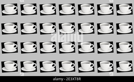 Nahtloses 3D-Kaffeetassen-Muster auf grauem pastellfarbenem Hintergrund. Vektor, Illustrationsmuster. Stock Vektor