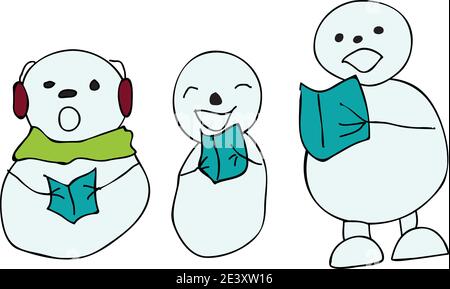 Schneemann Trio Caroling in Schal und Ohrenschützer halten Bücher vektor-Illustration isolierter Gesang Stock Vektor