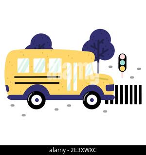 Kindlicher Schulbus auf einer Straße mit Fußgängerüberweg, Ampeln und Bäumen isoliert auf weißem Hintergrund. Handgezeichneter Kinderdruck im skandinavischen Stil. Stock Vektor