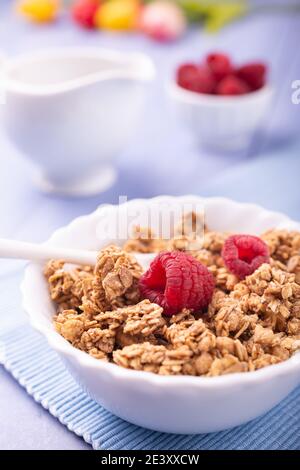 Im Vordergrund eine weiße Schale mit knusprigen Vollkornnnnnuggets aus Gerste und Hafer und einigen Himbeeren. Auf dem hellen Hintergrund ein Milchkännchen, Raspberrie Stockfoto