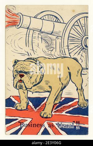 Originalpostkarte aus der Zeit des 1. Weltkriegs mit Bulldogge, Kanon und Union Jack mit der Aufschrift „Business as usual“. Postmarked 20. Juni 1916 aus Doncaster, U.K. Stockfoto