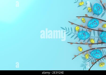 Festlicher blauer Hintergrund mit bunten Eiern, Weiden und Farnzweigen. Illustration für das Fest der Heiligen Ostern. 3D-Rendering Stockfoto