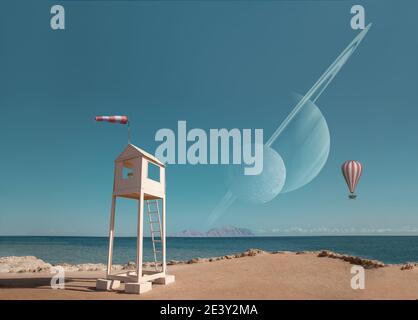 Abstraktes surreales Bild mit seltsamen Baustellen am Seeufer mit fliegendem Ballon und den Planeten am klaren Himmel. Stockfoto