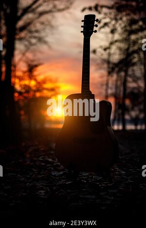 Akustische Gitarre im Herbstwald Stockfoto