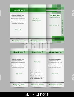 Dreifach gefalztes Broschürenlayout, Vektorvorlage von beiden Seiten. Geometrischer Hintergrund in grau und grün. Abstraktes Flachdesign. Geschäftskonzept. Vektor EPS10 Stock Vektor