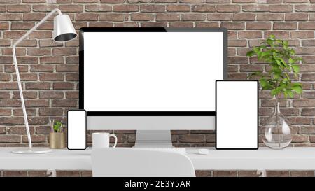 Reaktionsschnelle Geräte auf einem Ziegelstein-Desktop mit 3D-Rendering auf weißem Bildschirm Stockfoto