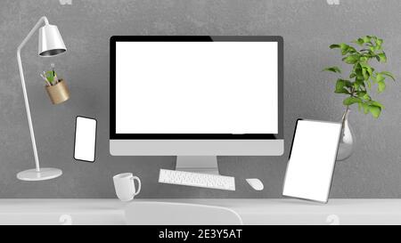 Schwebende Geräte auf Desktop-3d-Rendering Stockfoto