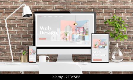Reaktionsschnelle Geräte auf einem Ziegelstein-Desktop mit 3D-Rendering auf weißem Bildschirm Stockfoto