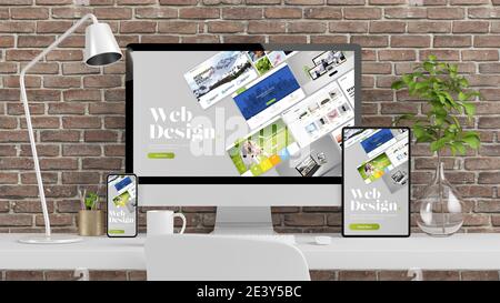 Reaktionsschnelle Geräte auf Bricks Desktop 3d-Rendering Stockfoto