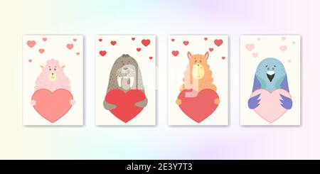 Niedlichen Cartoon Tier hält ein Herz Zeichen mit Kopierraum. Set valentinstag Grußkarte Banner Einladung Flyer Broschüre. Cartoon Hand gezeichnet Stil. Kleine Tiere Haustiere in der Liebe, Liebeserklärung. Stock Vektor