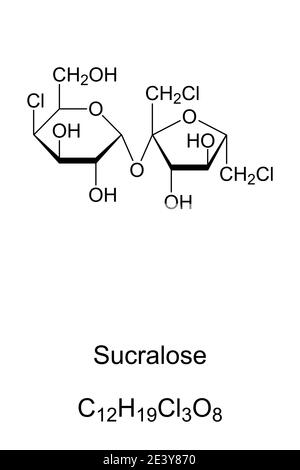 Sucralose, chemische Formel und Skelettstruktur. Künstlicher Süßstoff und Zuckerersatz. E955, nonkalorisch, 300 - 1000 mal süßer als Zucker. Stockfoto