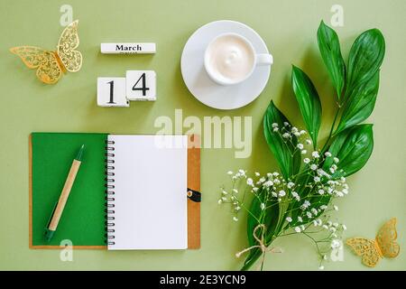 Holzwürfel Kalender März 14. Notizblock, Tasse Kaffee, Blumenstrauß auf grünem Hintergrund. Konzept hallo Frühjahr Creative Draufsicht Flat Lay Mock up. Stockfoto