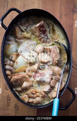 Schweinefilet mit Pilzen, Zwiebel in cremiger Sauce Stockfoto