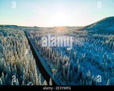 Autobahn mit Autos, die durch einen Bergpass mit schneebedeckten Bäumen fahren. Stockfoto