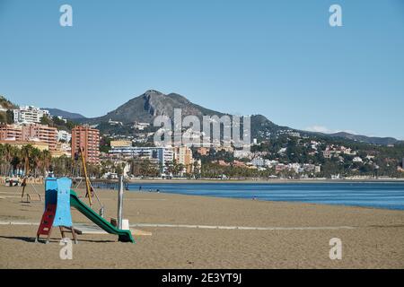 Strand La Caleta, Malaga, Andalusien, Spanien. Stockfoto