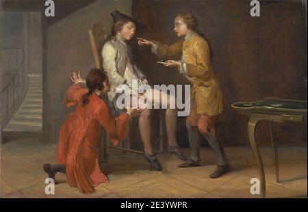 Unbekannter Künstler, achtzehnten Jahrhundert, der praktische Witz, ca. 1740. Öl auf Panel junge, Hosen, Kartentisch, Kinder, Gesprächsstück, Möbel, Spiele, Genre Thema, Hut, Parquetry, Spielkarten, schlafen, Treppen, Strümpfe, Tisch Stockfoto