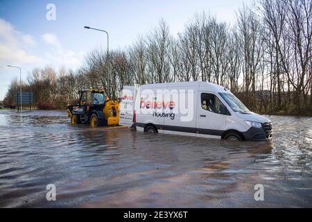 Trunk Road, Middlesbrough, Großbritannien. Donnerstag, 21. Januar 2021: Sturm Christoph hat Teile von Teeside und Cleveland über Nacht und durch diese m geschlagen Stockfoto