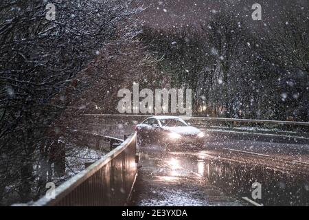 Middlesbrough, Teeside, Großbritannien. Donnerstag, 21. Januar 2021: Sturm Christoph wird heute Abend Teile des Vereinigten Königreichs als der heftige Regen und jetzt Schnee schlagen Stockfoto