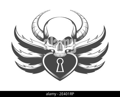 Tattoo of Skull mit Hörnern und Vorhängeschloss. Vektorgrafik Stock Vektor