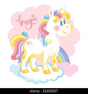 Cute Cartoon Einhorn auf Wolke mit Regenbogen stehen. Vektorgrafik isoliert auf weißem Hintergrund. Geburtstag, Party-Konzept. Für Aufkleber besticken Stock Vektor