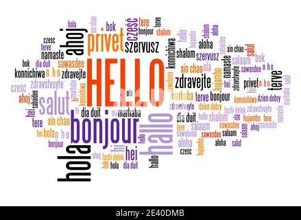 Hallo Wort in verschiedenen Sprachen. Hallo internationale Übersetzung Text Collage. Stockfoto