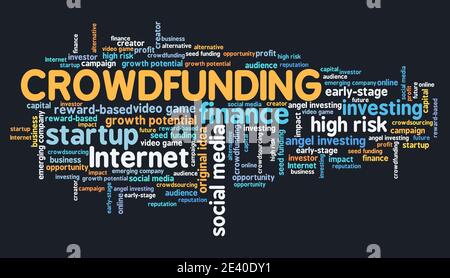 Crowdfunding-Konzept. Crowdfunding Wort Wolke Zeichen. Startfinanzierung. Stockfoto