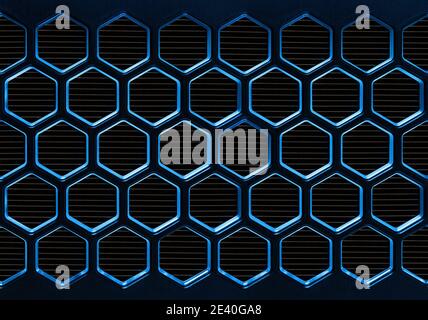 High-Tech-hexagonale Zelloberfläche mit blauen Neon-Rändern. Elektronische Textur mit schwarzer Wabe. Abstrakter technologischer Hintergrund. Sechseck-Mosaik. Stockfoto