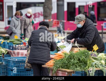 Erfurt, Deutschland. Januar 2021. Ein Gemüsehändler aus der Gärtnerei Sauerbrey Erfurt verkauft seine Waren am Domplatz mit Mundschutz. Im Stadtzentrum von Erfurt besteht die Pflicht, eine Mundnasenabdeckung zu tragen, wenn der Mindestabstand von 1.5 Metern nicht eingehalten werden kann. Quelle: Michael Reichel/dpa/Alamy Live News Stockfoto