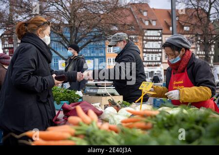 Erfurt, Deutschland. Januar 2021. Gemüsehändler aus der Gärtnerei Sauerbrey Erfurt verkaufen ihre Waren auf dem Domplatz mit Mundschutz. Im Stadtzentrum von Erfurt besteht die Pflicht, eine Mundnasenabdeckung zu tragen, wenn der Mindestabstand von 1.5 Metern nicht eingehalten werden kann. Quelle: Michael Reichel/dpa/Alamy Live News Stockfoto