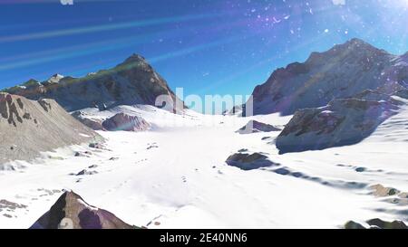 Mountain Snow Sun Ray Illustration, 3d Rendering Stockfoto