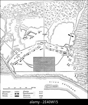 Plan der Belagerung von Savannah, 1779, amerikanischer Revolutionskrieg Stockfoto