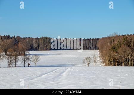 Schneelandschaft in Deutschland mit hohem Sitz für Tierbeobachtung in Das Erzgebirge Stockfoto