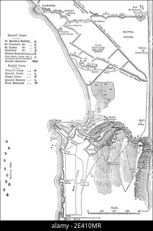 Plan des spanischen Angriffs auf Gibraltar, große Belagerung von Gibraltar, 1782, aus britischen Schlachten auf Land und Meer, von James Grant Stockfoto