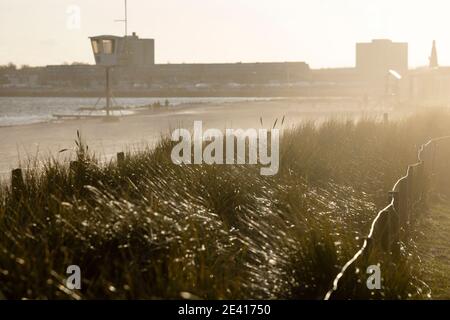 Kiel, Deutschland. Januar 2021, 21. Menschen, die am Strand bei stürmischem Wetter gegen das Licht laufen. Kredit: Frank Molter/Alamy Live Nachrichten Stockfoto