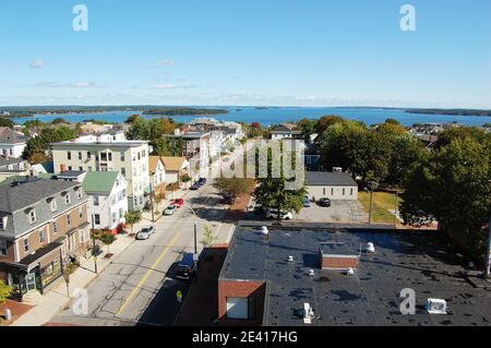 Portland City Skyline, von Portland Observatory auf Munjoy Hill in Portland, Maine, USA. Stockfoto