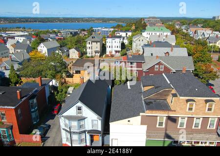 Portland City Skyline, von Portland Observatory auf Munjoy Hill in Portland, Maine, USA. Stockfoto