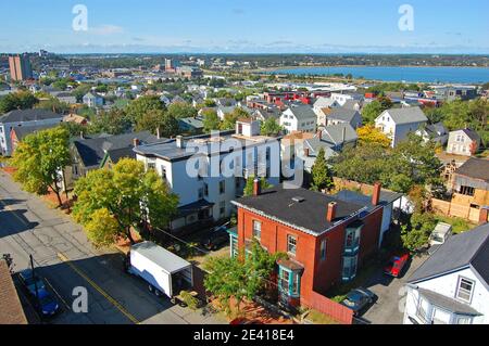 Portland City Skyline, von Portland Observatory auf Munjoy Hill in Portland, Maine, USA. Stockfoto