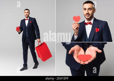 Collage von jungen hispanischen Mann in eleganten Anzug mit Valentinstag Tagesgeschenke auf grau Stockfoto