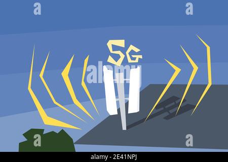 5G-Netzkommunikation und mobile Antenne auf dem Dach eines Mehrfamilienhauses. Schrullige Cartoon-Stil Illustration. Stock Vektor