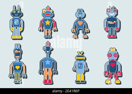 Roboter Vektor Sticker Sammlung. Niedliche Retro Spielzeug Roboter Illustration Set. Stock Vektor