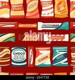 Nahtloses Muster für Snack-Produkte für Fast-Food-Chips am Automaten Und Schokolade Bars Vektor-Illustration auf rotem Hintergrund Stock Vektor