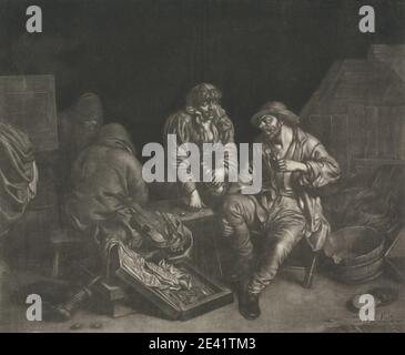 Druck von Jan van Somer, ca. 1645â €" nach 1699, Niederländisch, Tric-trac Spieler, 1671. Mezzotint auf Medium, leicht strukturiert, creme gelegt Papier. Backgammon, Bank, Brettspiele, Clog, Falten, Gaming, Genre Thema, Jacken, Männer, tric-trac, Wanne, Violine Stockfoto