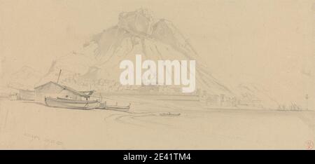 Harry John Johnson, 1826â € "1884, Briten, Alicante, Spanien, 1853. Graphit- und Grauwäsche auf mäßig dickem, leicht strukturiertem, beigefarbenem Papier. Boote, Stadtbild, Küste, Hütte, Landschaft. Alicante , Europa , Spanien , Valencia Stockfoto