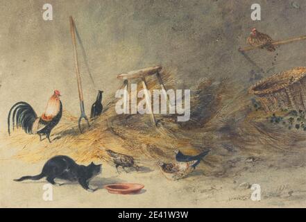 Newton Limbird Smith Fielding, 1799â € "1856, britische, EINE Katze und Hühner, 1833. Aquarell, Feder und braune Tinte über Graphit mit Kratzen aus auf Medium, leicht strukturiert, Creme Wove Papier. Tierkunst, Scheune, Flasche, Katze, Hühner, Eier, Heu, Hühner, Hahn, Hocker Stockfoto