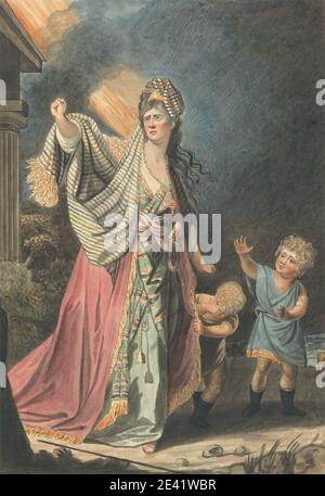 Unbekannte Künstlerin, Mrs. Yates in The Character of Medea, nach 1771. Aquarell mit Stift und brauner Tinte auf Medium, leicht strukturiert, cremefarbenes Wove Papier montiert auf dickem, leicht strukturiertem, beigefarbenem Papier. Schauspielerin, Jungen, Kinder, Klassik, Wolken, Kostüm, Weinen, dunkel, Angst, Faust, Geste, griechische Mythologie, Licht, Literarisches Thema, Medea (Spiel), Mutter, Halskette, Nacht, Spiel, religiöse und mythologische Thema, Abschirmung, Söhne, Streifen, Theater (Disziplin), Frau. Yates [nÃ©e Graham], Mary Ann (1728â € "1787), Schauspielerin und Theaterleiterin Medea Stockfoto