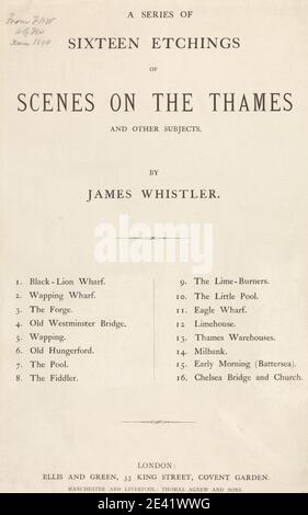 James McNeill Whistler, 1834â € "1903, Amerikaner, aktiv in Großbritannien (von 1859), Titelseite einer Reihe von sechzehn Radierungen von Szenen der Themse und andere Themen, 1871. Buchdruck auf mittlerem, leicht strukturiertem, cremefarbenen Papier. Radierungen, Text, Titelseite. England , London , Themse , Vereinigtes Königreich Stockfoto