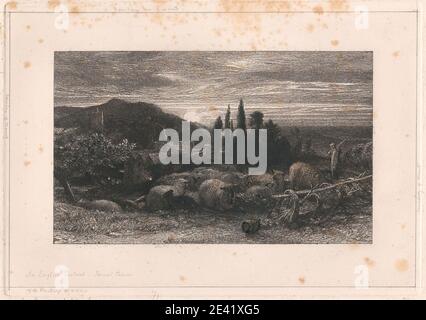 Druck gemacht von Samuel Palmer, 1805â € "1881, Briten, aktiv in Italien (1837â € "39), der aufgehende Mond, 1857. Ätzung und Trockenpunkt retuschiert mit schwarzer Tinte oder Ölfarbe, grauem Aquarell oder Gouache, und hellbraunem Aquarell, Gouache oder Kreide auf dickem, leicht strukturiertem, cremefarbenen Gewebspapier. Tierkunst, Fass, Kirche, Wolken, Zypresse, Genremotiv, Hut, Hügel, Horizontlinie, Haus, Landschaft, Mond, Mondlicht, Berg, Nacht, Teich, Schaf, Hirte, Personal, Turm (Gebäudeabteilung), Bäume, Trog, Dorf Stockfoto
