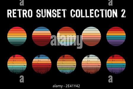 Vintage Sunset Kollektion im Stil der 70er Jahre. Regular und Distressed Retro Sonnenuntergang Set. Fünf Optionen mit texturierten Versionen. Kreisförmiger Verlaufshintergrund Stock Vektor