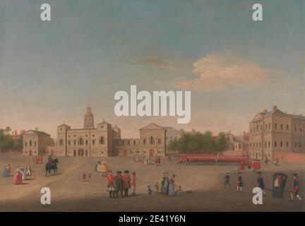 Unbekannter Künstler, 18. Jahrhundert, Ansicht der Pferdewächter und Whitehall, ca. 1750. Öl auf Leinwand. Architektonisches, architektonisches Thema, Armee, Bankettsaal, Haube, Stiefel, Jungen, Hosen, Gebäude, Stuhl, Kinder, Stadt, Kragen, Hund (Tier), Familie, Zaun, Flagge, Sammlung, Mädchen, Waffen, Pferd (Tier), Männer, militärische Kunst, Mütter, Fahrradtasche, Petticoat, Gewehre, Ring, Straße, Lizenzgebühren, Soldaten, Strümpfe, Straße, Stadt, Tricorne, Uniform, Union Jack, Frauen. Bankettsaal , England , Greater London , London , Vereinigtes Königreich , Whitehall. Jones, Inigo (1573–1652), Stockfoto